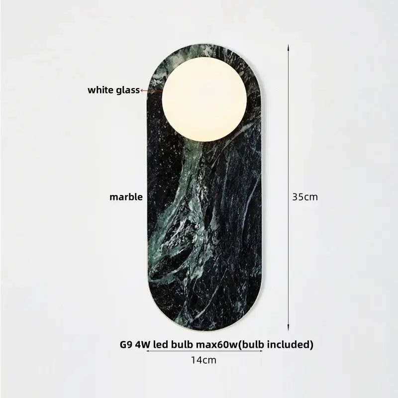 Modern marble glass globe led wall lamp with dark green black marble backplate and oval white glass diffuser light fixture