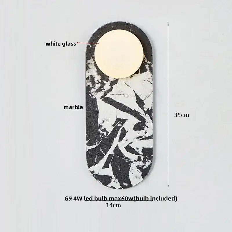 Black and white marble wall lamp with circular white glass globe led sconce for modern bathroom decorbites glass globe