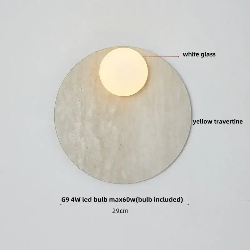 Modern marble glass globe led wall lamp with white glass globe and yellow travertine base for bathroom decorbites glass globe