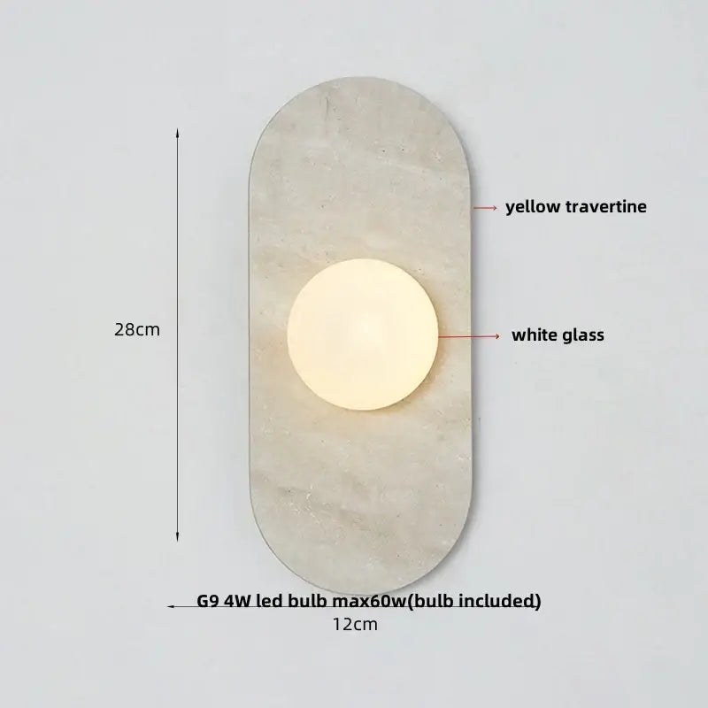 Modern wall lamp with yellow travertine oval backplate and white glass globe led light for decorbites bathroom sconce