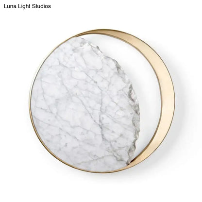Modern marble gold led wall light bedroom moon mirror sconce with circular gold-toned metallic frame and marble surface