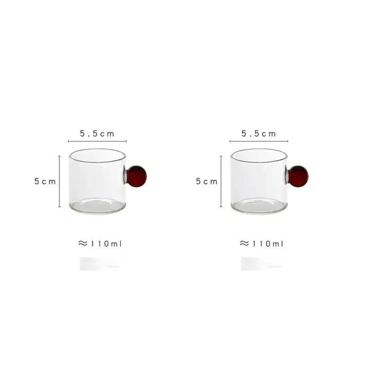 Modern marble sphere glass espresso cups with glossy red spherical handles measuring 5 cm tall and 110 ml capacity
