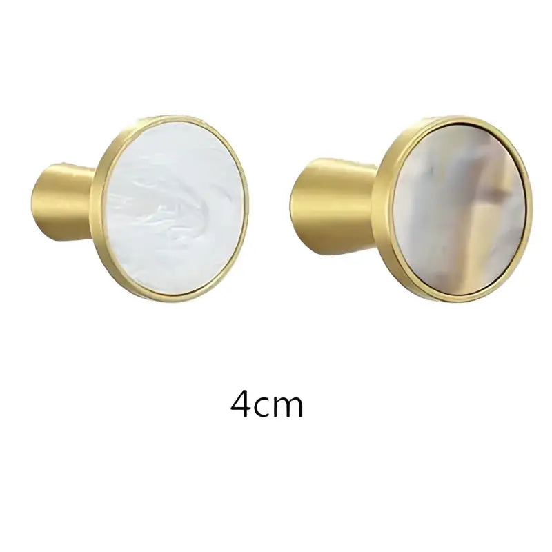 Gold-toned cabinet knobs with circular mother-of-pearl inlays 4cm featuring decorbites brushed gold towel hook style