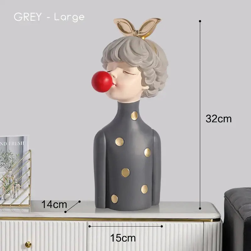 Modern maroon and silver ceramic bubble gum girl statue with gold bunny ears blowing red balloon for bedroom decor