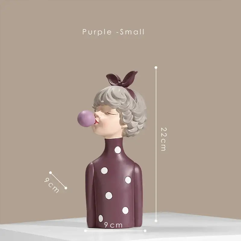 Modern maroon and silver bubble gum girl statue with gray hair blowing bubblegum bubble for bedroom decor