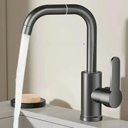 Modern matte black stainless steel swivel kitchen faucet with a sleek curved spout and minimalist design