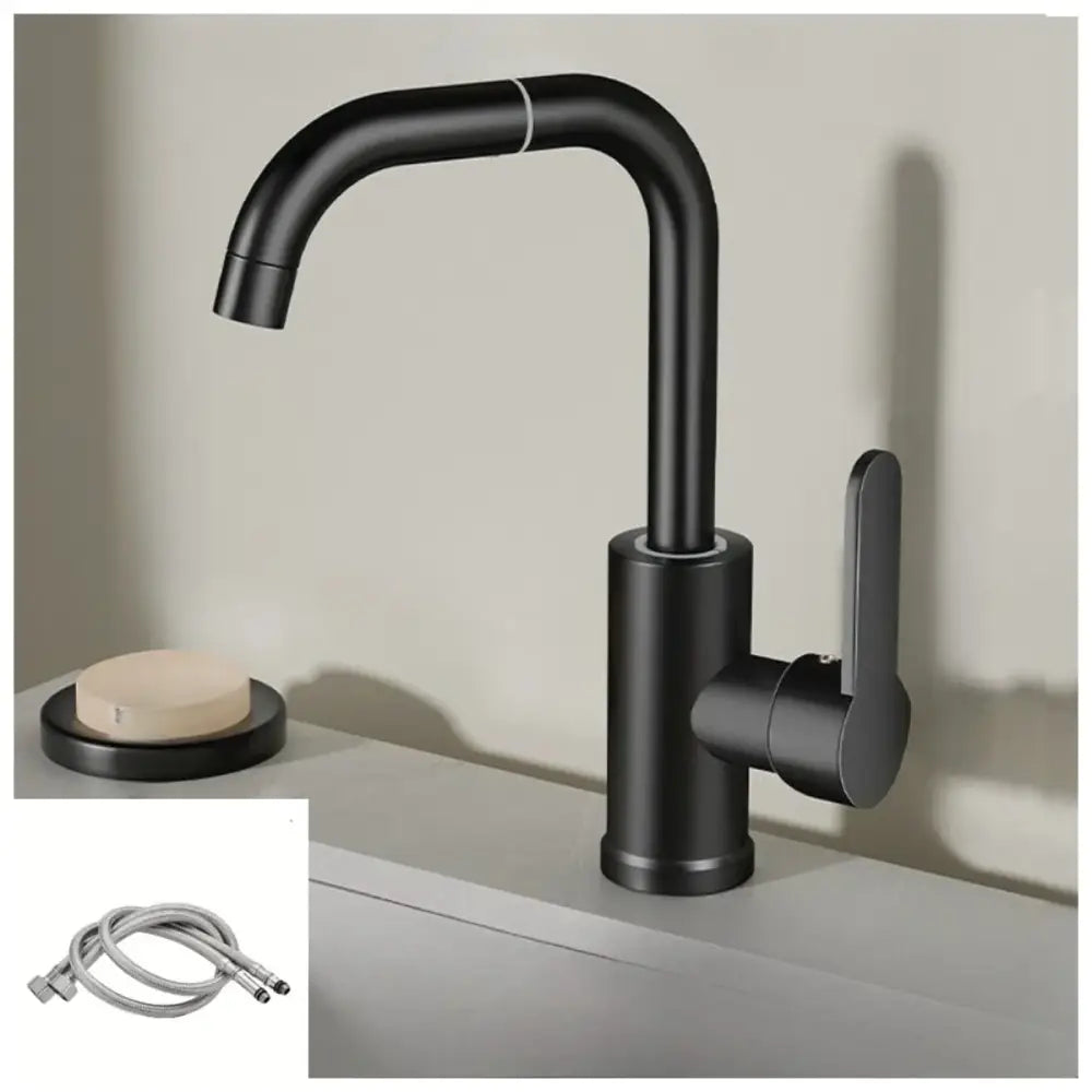 Modern matte black 720° stainless steel swivel kitchen faucet with sleek curved spout and minimalist handle design
