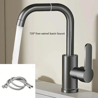 Modern matte black stainless steel kitchen basin faucet with 720 degree free-swivel spout and minimalist handle design