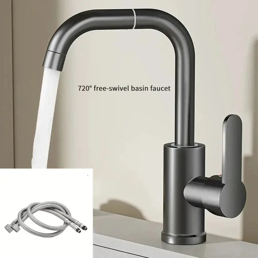 Modern matte black stainless steel kitchen basin faucet with 720 degree free-swivel spout and minimalist handle design