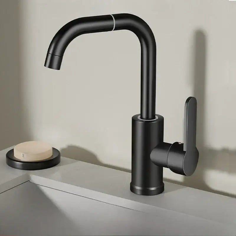Modern matte black stainless steel kitchen faucet with a sleek curved spout and 720° swivel minimalist design
