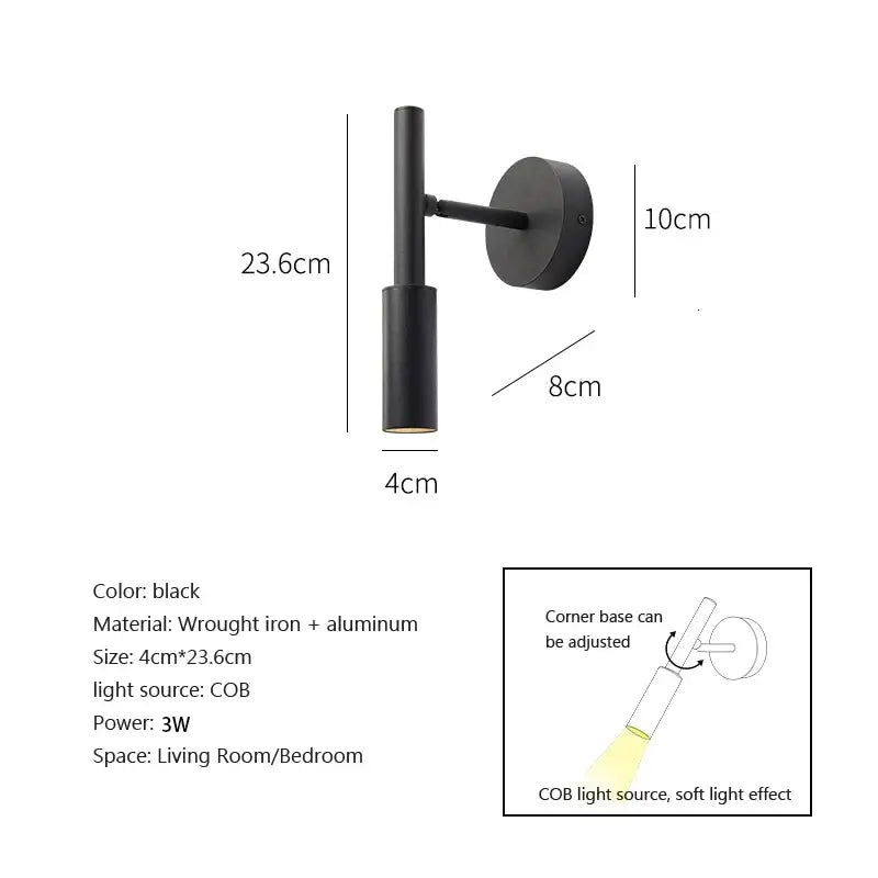Modern matte black adjustable led wall lamp made of wrought iron and aluminum for bedroom reading light