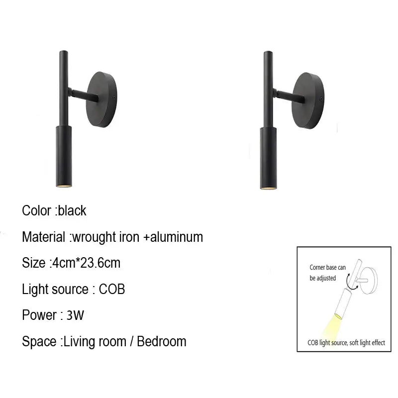Modern matte black adjustable led wall lamp made of wrought iron and aluminum with sleek cylindrical design for bedroom reading