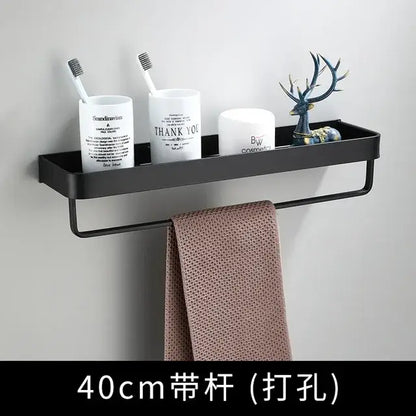 Modern matte black aluminum corner shelf with towel bar and tray for bathroom organization by decorbites black aluminum bathroom