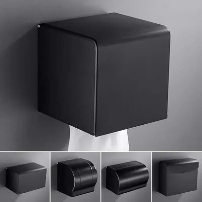 Black aluminum bathroom paper holder with matte finish and sleek cube design by decorbites for modern decor