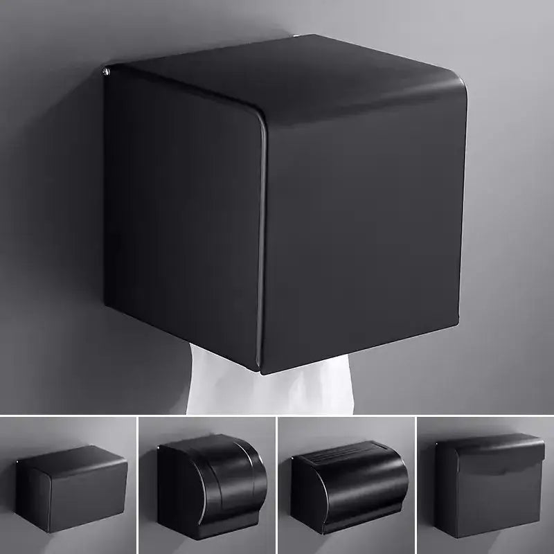 Black aluminum bathroom paper holder with matte finish and sleek cube design by decorbites for modern decor