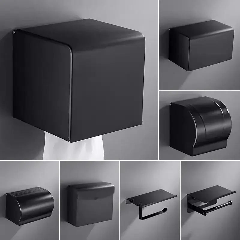 Black aluminum bathroom paper holder with matte finish wall-mounted design by decorbites for modern decor