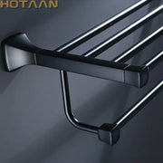 Modern matte black aluminum towel rack with hook and sleek square-ended bars in decorbites black aluminum finish