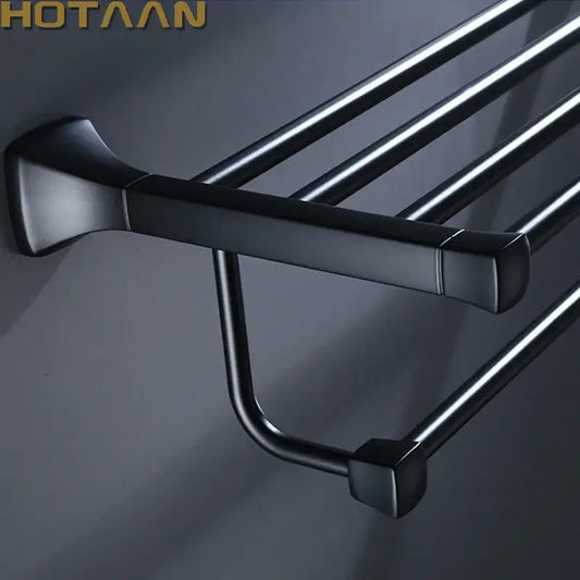 Modern matte black aluminum towel rack with hook and sleek square-ended bars in decorbites black aluminum finish