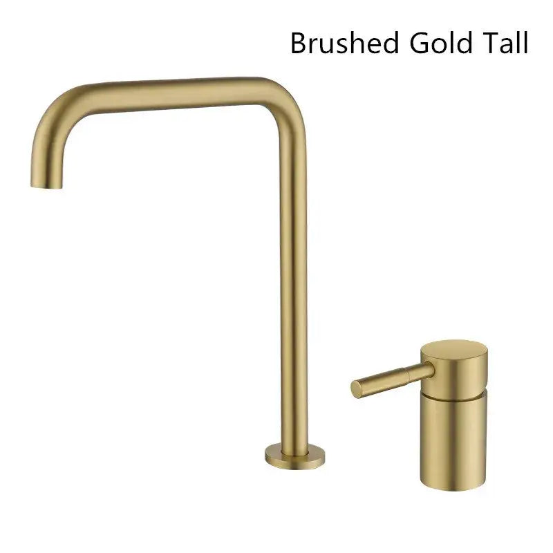 Modern matte black and brushed gold basin faucet with brushed gold tall kitchen faucet and cylindrical handle design