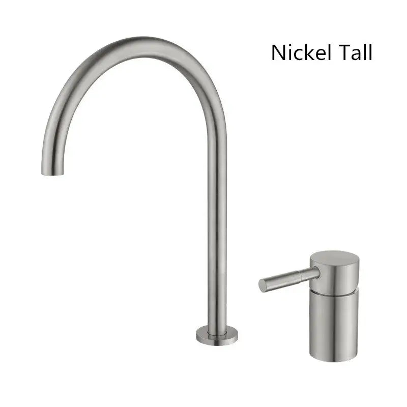 Modern matte black and brushed gold basin faucet with nickel tall kitchen faucet featuring sleek curved spout and handle