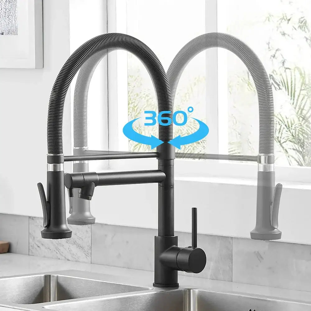 Modern matte black and brushed nickel decorbites black spring kitchen faucet with flexible ribbed gooseneck and 360 swivel