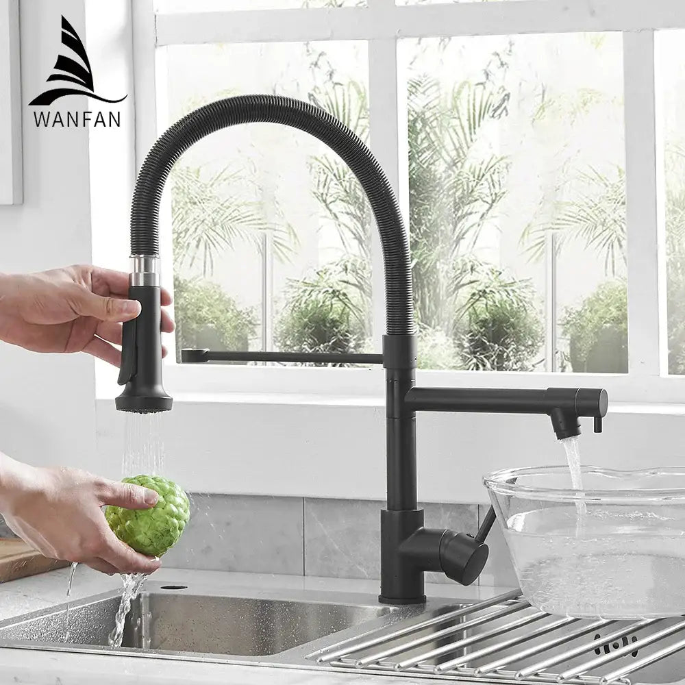 Modern matte black and brushed nickel spring kitchen faucet with flexible hose and sleek decorbites black spring design