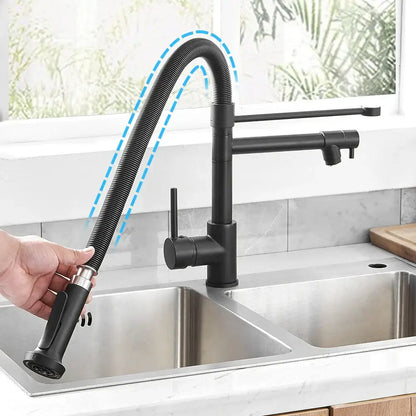 Modern matte black and brushed nickel kitchen faucet with flexible gooseneck hose and pull out spray head decorbites black spring kitchen