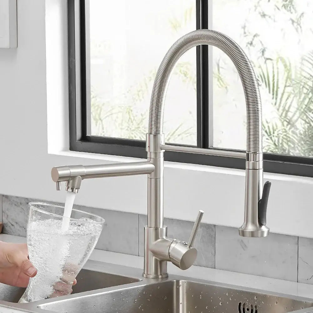 Modern matte black and brushed nickel kitchen faucet with flexible ribbed gooseneck spout and pull-down spray head decorbites black spring kitchen