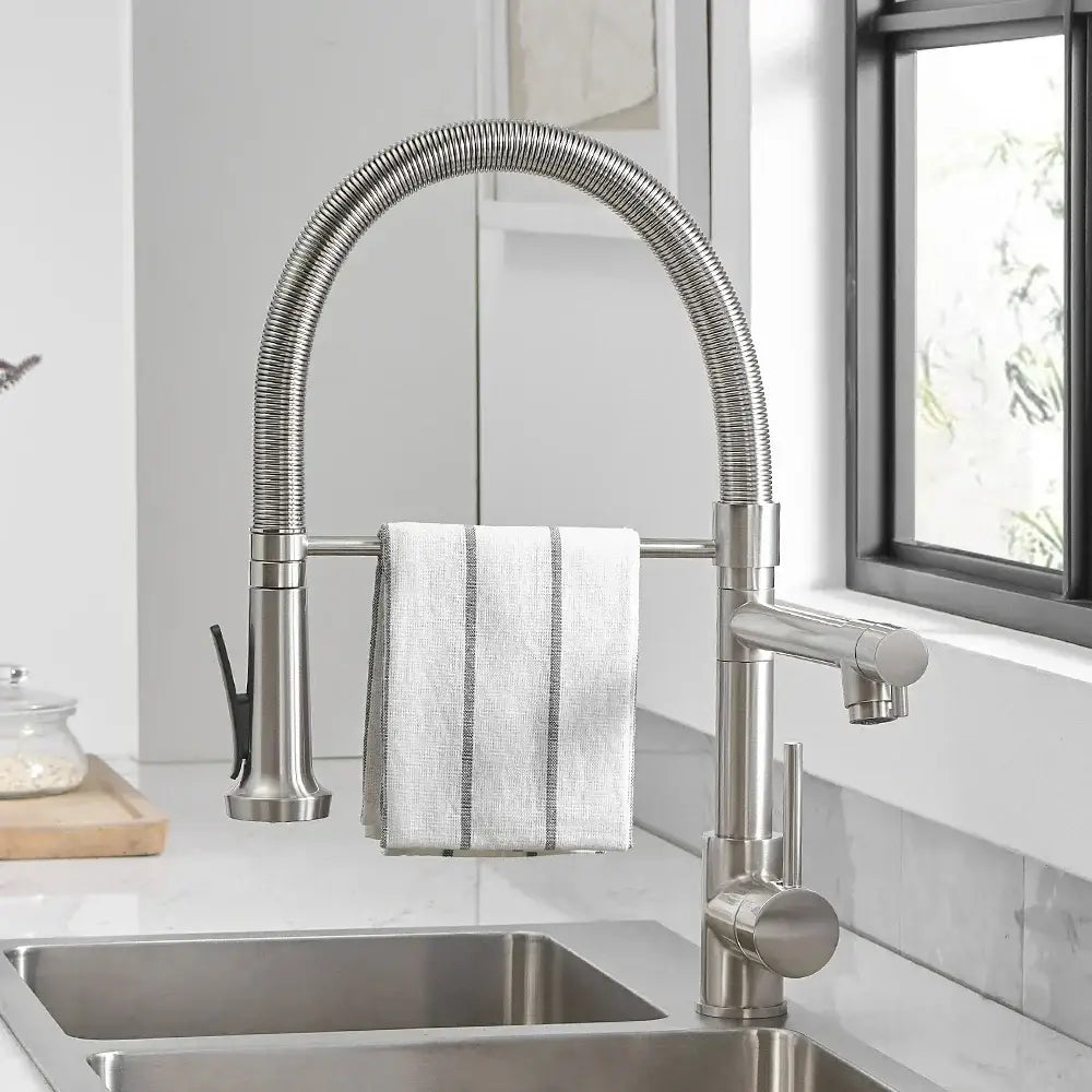 Stainless steel decorbites black spring kitchen faucet with flexible hose and integrated towel rack for modern kitchen decor