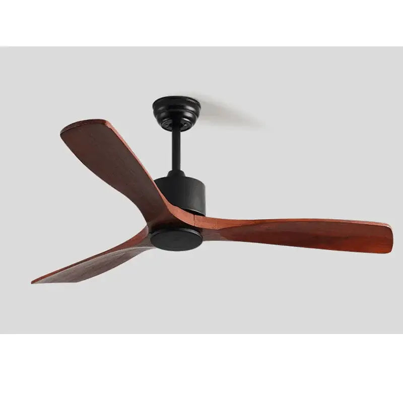 Modern matte black ceiling fan with three dark brown wooden blades for living room wooden ceiling decor
