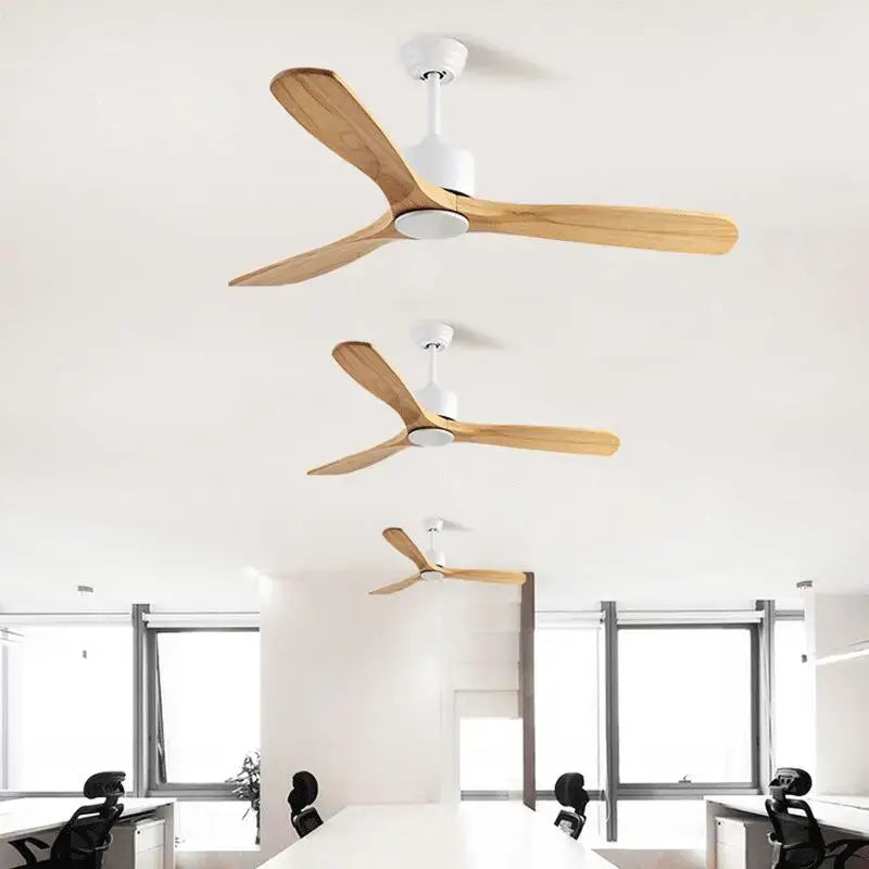 Modern matte black ceiling fan with three light wood blades and white housing for living room wooden ceiling decor