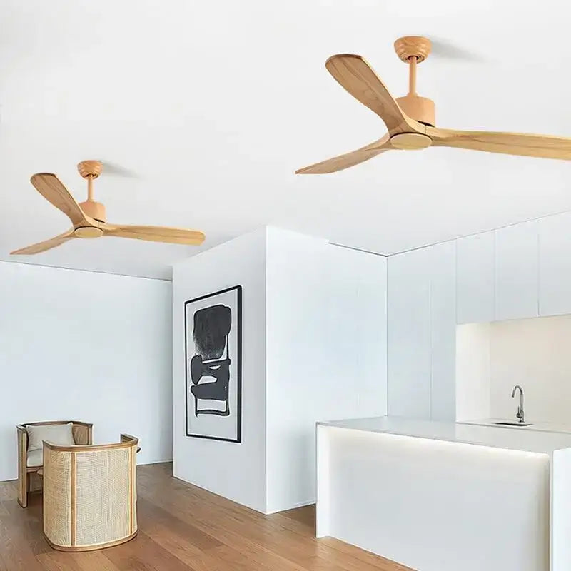 Modern matte black and dark brown wooden ceiling fan with light wood three blades for living room ceiling fan design