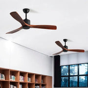 Modern ceiling fan with three dark brown wooden blades and matte black motor housing for living room wooden ceiling