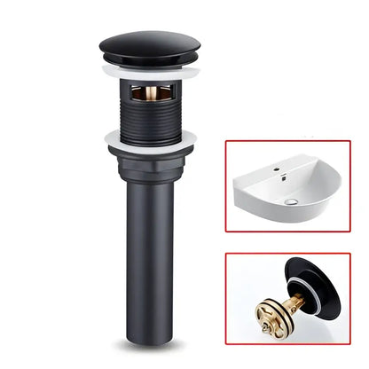 Modern matte black sink faucet drain with sleek cylindrical body and polished decorbites black brass bathroom components
