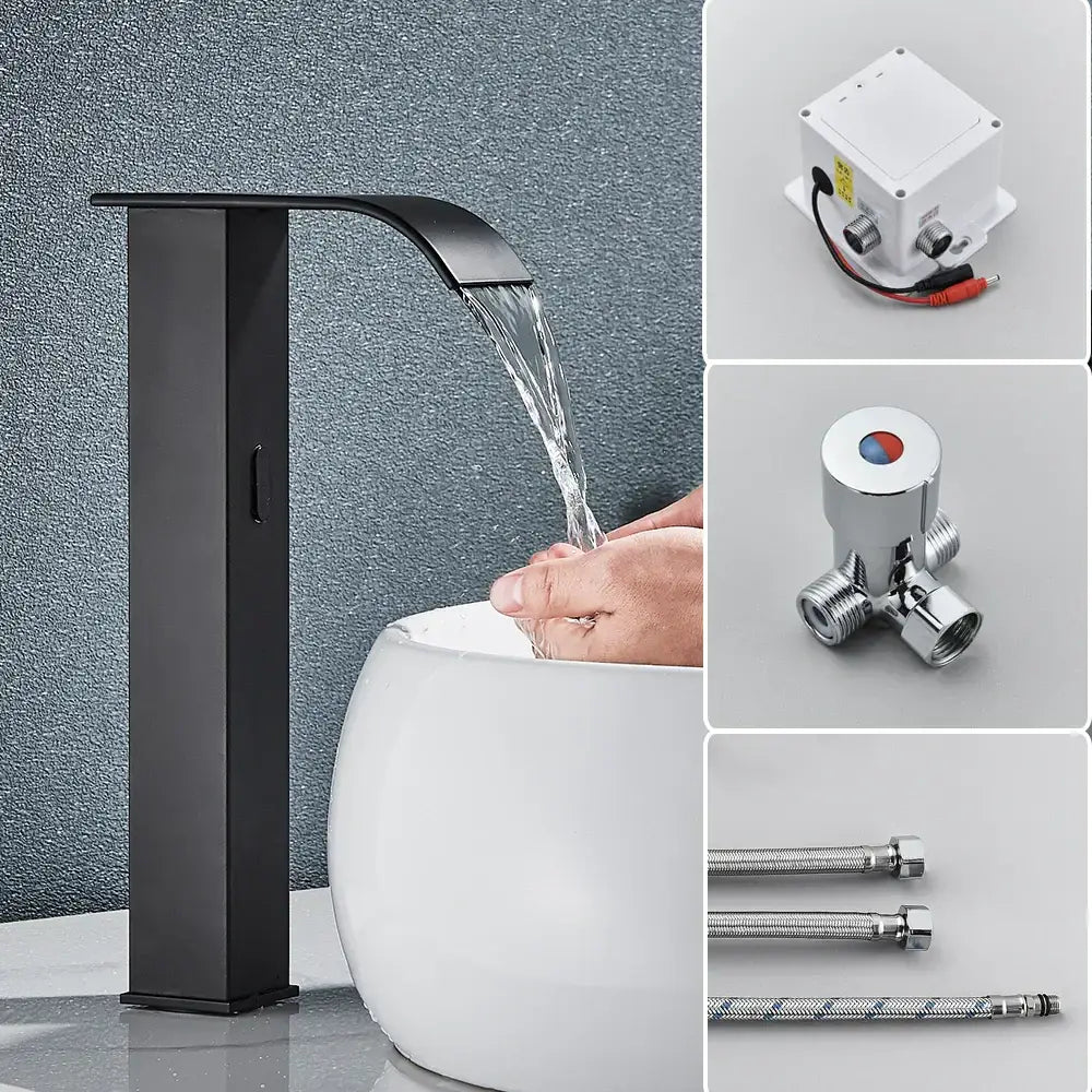 Modern matte black automatic sensor waterfall basin faucet with sleek design for bathroom sink tap