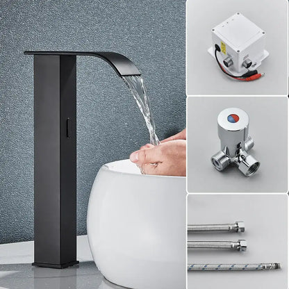 Modern matte black automatic sensor waterfall basin faucet with sleek design for bathroom sink tap