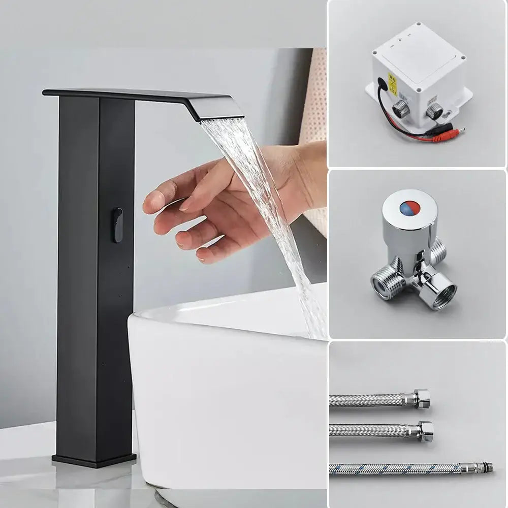 Modern matte black automatic sensor waterfall basin faucet with sleek black matte finish for bathroom sink tap