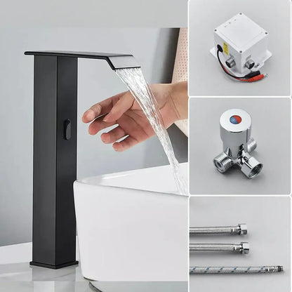 Modern matte black automatic sensor waterfall basin faucet with sleek black matte finish for bathroom sink tap