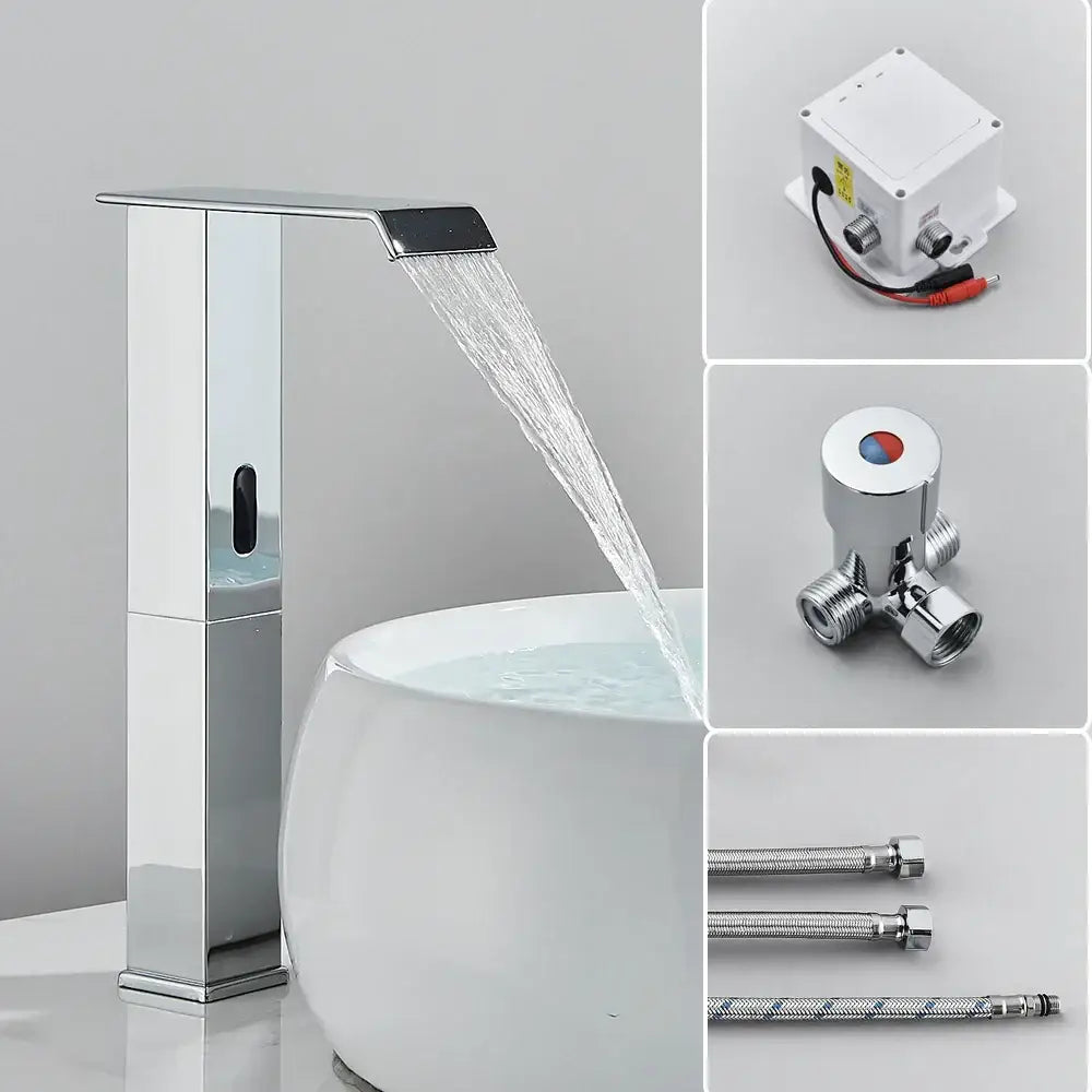Modern chrome basin faucet with sleek tall design and automatic sensor waterfall for bathroom sink use