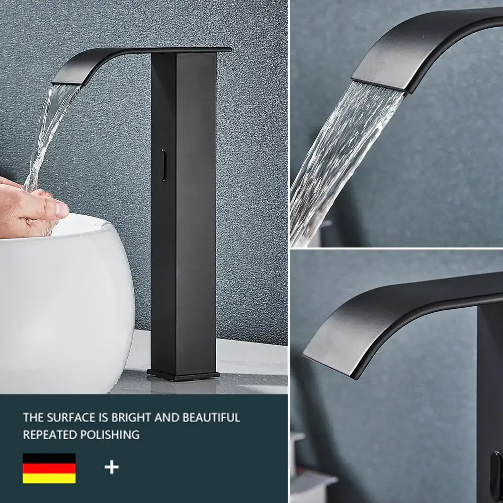 Modern matte black automatic sensor waterfall basin faucet with sleek design for bathroom sink use