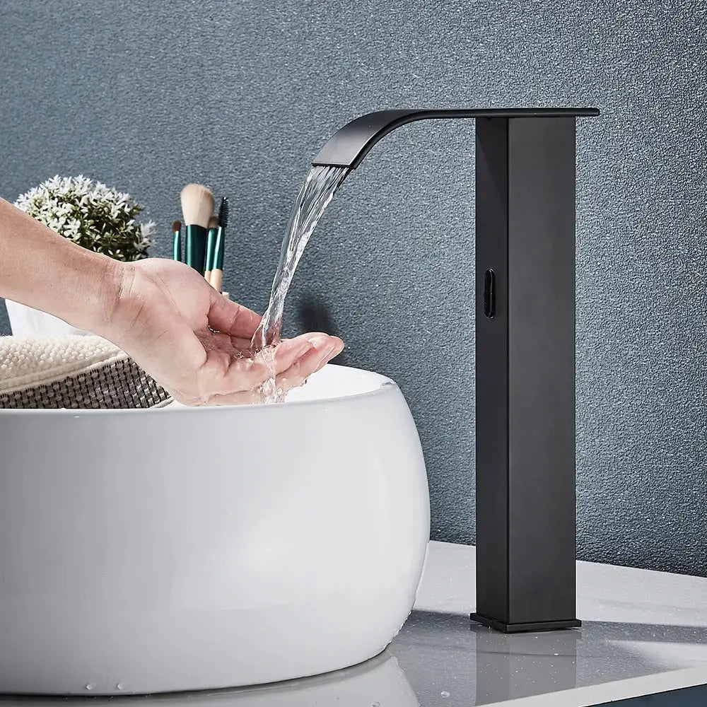 Modern matte black automatic sensor waterfall basin faucet with sleek rectangular design for bathroom sink tap