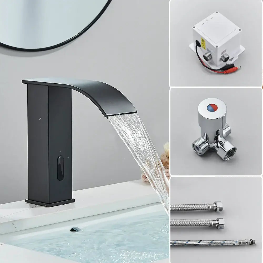 Modern matte black automatic sensor waterfall basin faucet with sleek black matte finish for bathroom sink tap