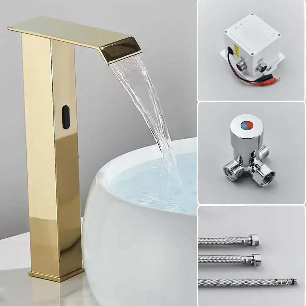 Gold-colored automatic sensor waterfall basin faucet with sleek modern design and brushed metal finish for bathroom sink