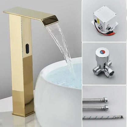 Gold-colored automatic sensor waterfall basin faucet with sleek modern design and brushed metal finish for bathroom sink
