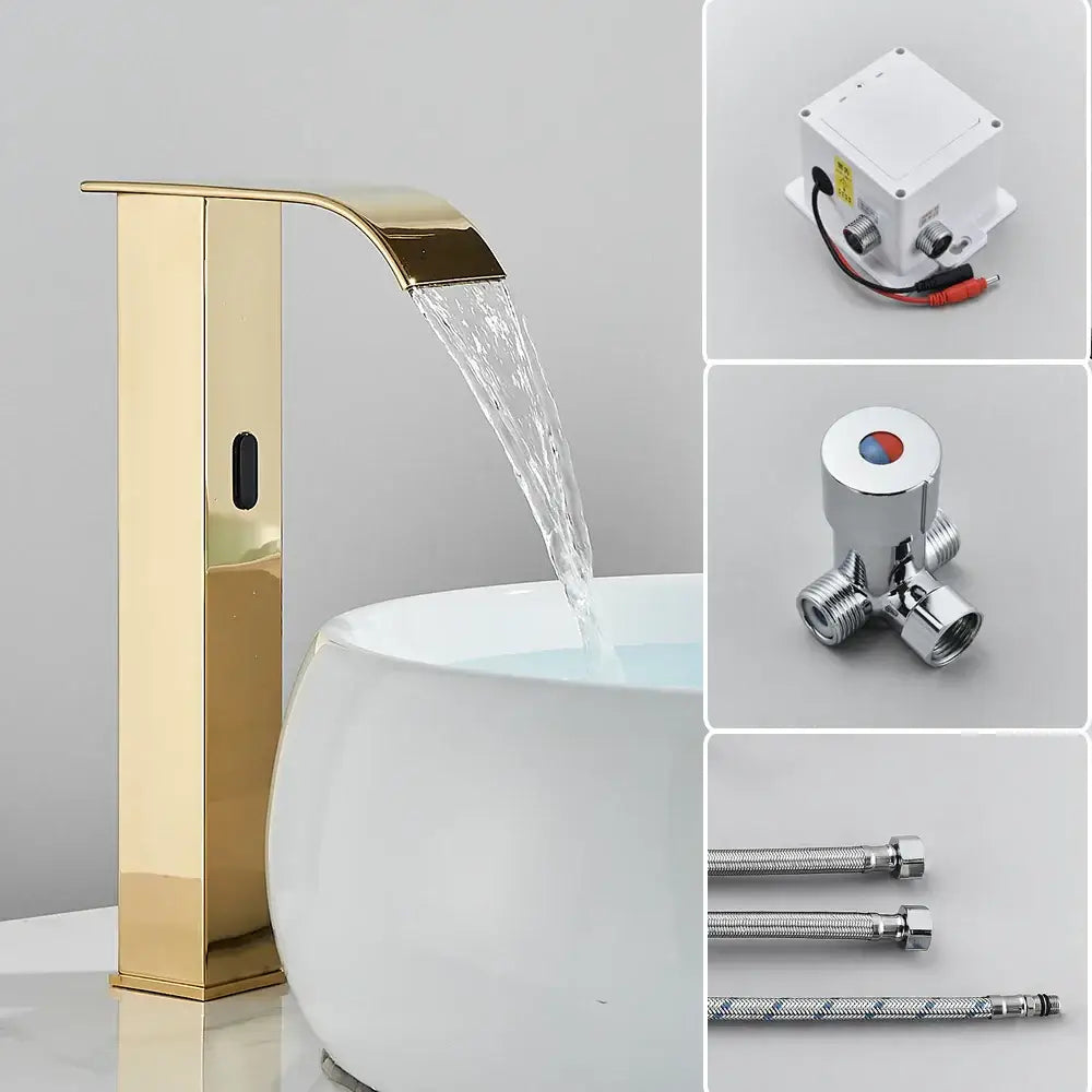 Gold-colored modern automatic sensor waterfall basin faucet with sleek rectangular design and reflective finish for bathroom sink