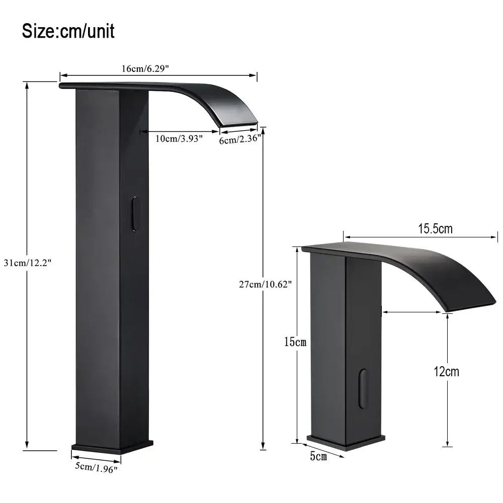 Modern matte black automatic sensor waterfall basin faucet with sleek curved spout for bathroom sink use