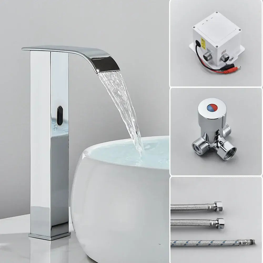 Chrome-finished basin faucet with sleek modern design featuring an automatic sensor waterfall for bathroom sinks