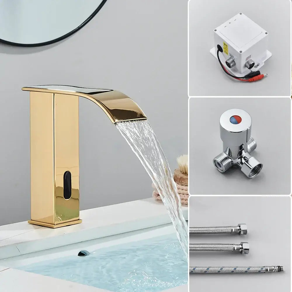 Gold-colored automatic sensor waterfall basin faucet with sleek modern design and polished metallic finish for bathroom sink
