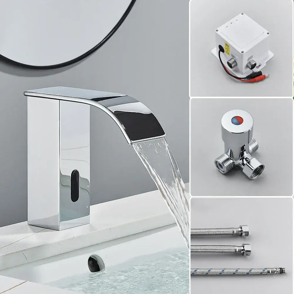 Modern matte black basin faucet with automatic sensor waterfall and sleek chrome rectangular design for bathroom sink