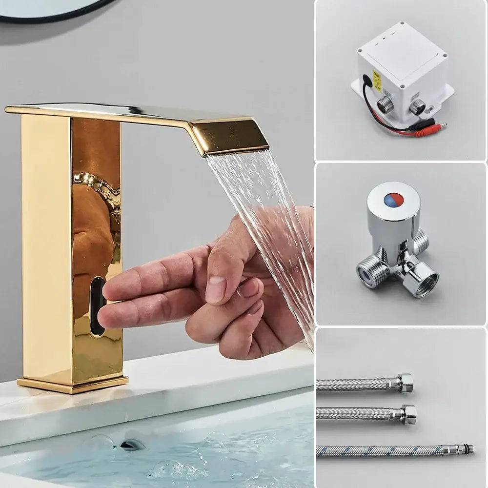 Gold-colored modern automatic sensor waterfall basin faucet with sleek rectangular design and brushed finish for bathroom sink